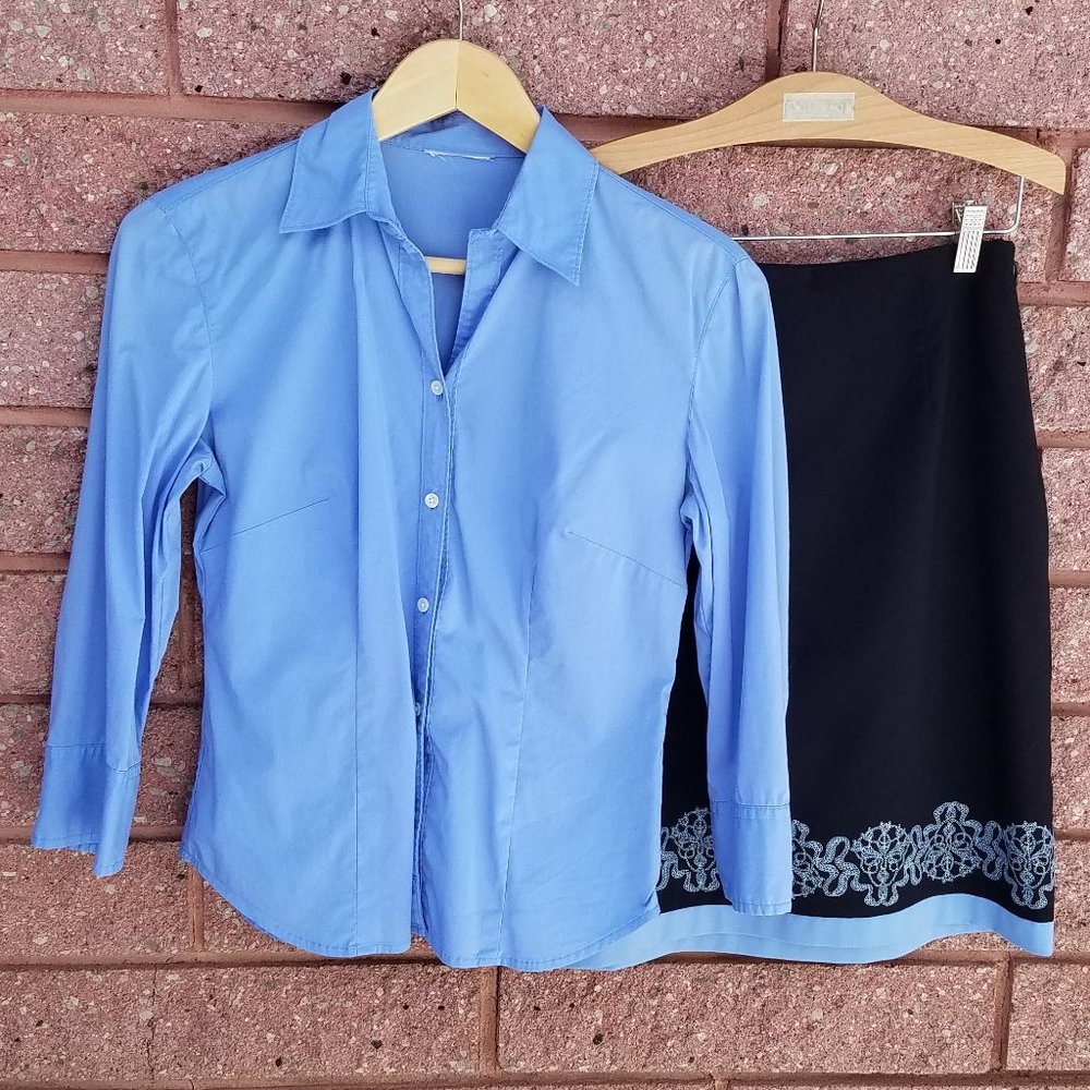 Ann Taylor Loft Matching Dress Shirt and Skirt Set Black & Wedgewood Blue Size 2